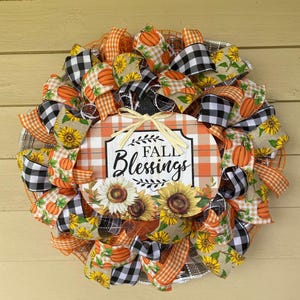 Fall Blessings Sunflower & Pumpkin Wreath | Farmhouse Buffalo Plaid and Gingham Ribbon | Thanksgiving Front Door Autumn Decor