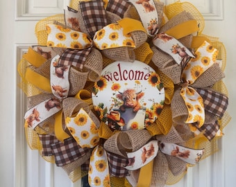 Welcome Highland Cow Sunflower Deco Mesh Ribbon Summer & Fall Wreath Front Door Hanger Home Decor