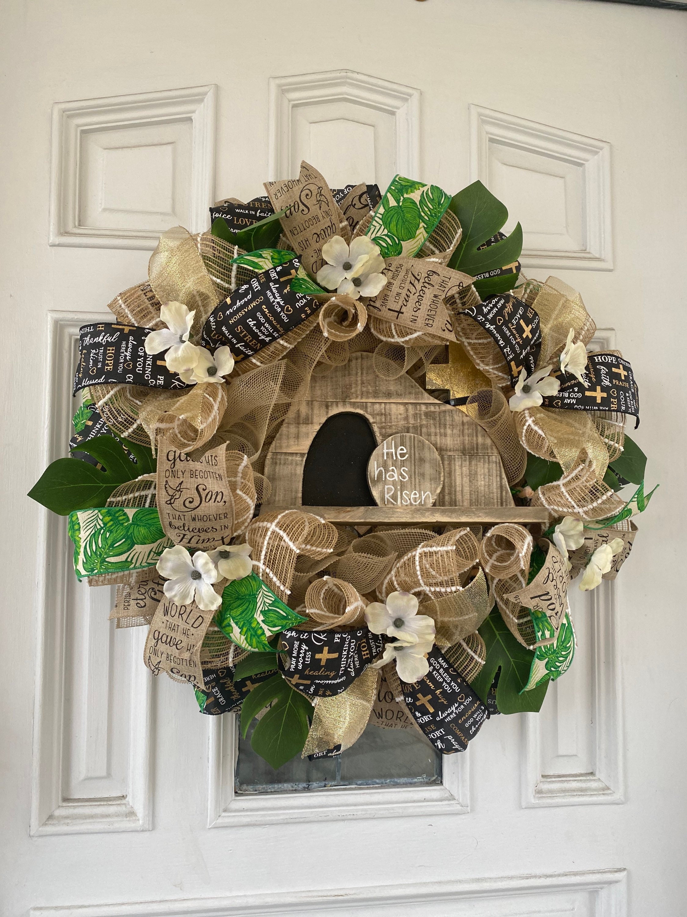 Religious Easter Wreath, Wooden Tomb Sign, Christian Door Hanger, He is Risen, Deco Mesh Ribbon Wreath, Spring Front Door Decor, Wall Art