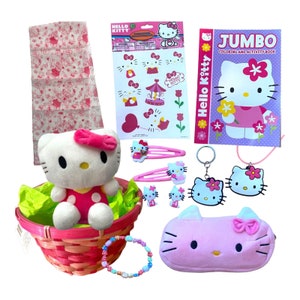 Cesta de Páscoa Hello Kitty Lover - Bicho de pelúcia, carteira, colar, joias, livro de colorir, decalques de parede, conjunto de brinquedos para presente para ela
