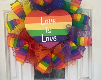 Pride Wreath, LGBTQ Wreath, Love is Love Heart Sign, Rainbow Mesh Wreath, Rainbow Wired Ribbon, Front Door Hanger, Home Decor Valentines Day