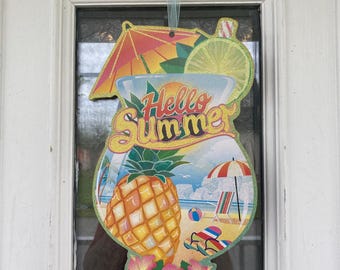 Cartello "Ciao estate", cartello "Spiaggia", cartello "Costiero", cartello "Margarita drink", cartello "Corona di ananas", decorazione per porta in legno, decorazione da parete primaverile sospesa