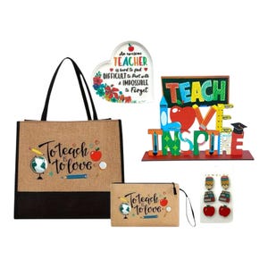 Teacher Gift Box Set with Tote, Pouch, Earrings, Desk Sign & Acrylic Heart | End of Year Gift for Teacher | Pink or Blue Bow Option