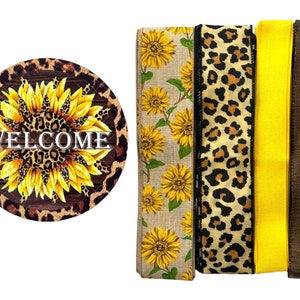 Luipaard zonnebloem lint en bordbundel, zomer/herfstkrans maken leveringspakketdoos, doe-het-zelf-swag of deurhanger, doe-het-zelf-project