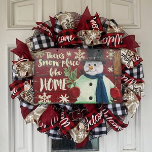 Snowman Wreath, Buffalo Plaid There is Snow Place Like Home Mesh Ribbon Christmas Winter Wreath Front Door Hanger seasonal Home Decor