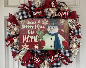 Snowman Wreath, Buffalo Plaid There is Snow Place Like Home Mesh Ribbon Christmas Winter Wreath Front Door Hanger seasonal Home Decor
