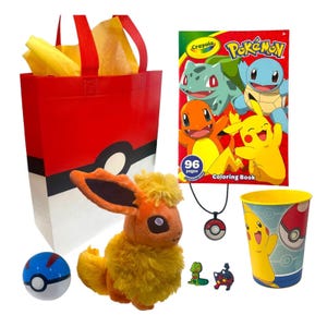 ¡Set de regalo de Pokémon para niño o niña, regalos de fiesta de cumpleaños, tarjetas de Pokémon, Flareon de peluche, Pokebola sorpresa, libro de actividades para colorear y más!