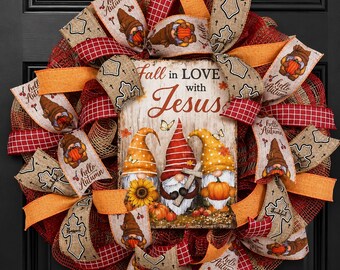 Ghirlanda "Innamorati di Gesù" / Decorazione autunnale cristiana per la porta con gnomi, zucche e nastri con croce / Ghirlanda religiosa autunnale in rete