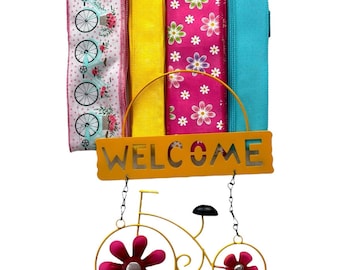 Kleurrijke fietskransset welkomstbord, heldere zomerkransset, roze geel blauwe deurdecoratie, bundel bloemenlint DIY kransset