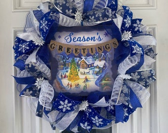 Blue Silver Seasons Greetings Deco Mesh Ribbon Christmas Winter Wreath Door Hanger