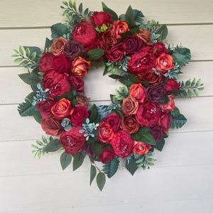 Gorgeous Fall Floral Grapevine Wreath – Burgundy, Red, and Orange Roses & Peonies with Lush Greenery for Autumn Front Door or Indoor Decor