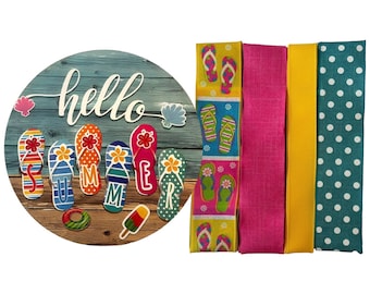 Summer Flip Flop Wreath Kit, Hello Summer Sign & Ribbon Bundle, Tropical Wreath Kit, Bright Summer Door Decor, DIY Mesh Wreath Kit