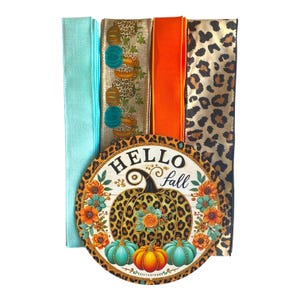 Hello Fall-kransset luipaardpompoenbord en lintbundel | Herfstdecoratie met dierenprint | Blauwgroen en oranje DIY-krans | Knutselenset herfst