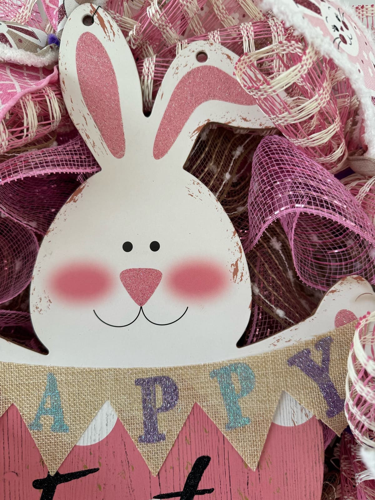Belupai Ghirlanda Di Pasqua Per Porta - 25 Cm, Coniglietto Con Orecchie Di Peluche, Fiori Rosa E Fiocco