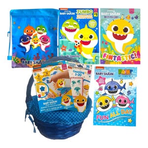 Conjunto de presente de aprendizagem e atividades Baby Shark - bolsa com cordão e pacote de brinquedos com cartões