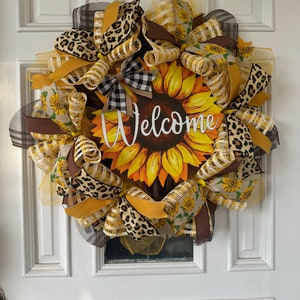 Welkom zonnebloembord en lintbundelset, doe-het-zelfkrans maken leveringskitdoos, doe-het-zelf-ambachtsdecoratieproject, luipaardprint luipaardprint