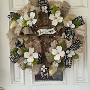 He Is Risen Christian Easter Wreath with Cross, Burlap & Floral Accents | Religious Spring Door Decor | Resurrection Sunday Church Wreath