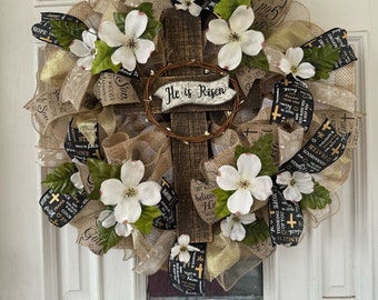 He Is Risen Christian Easter Wreath with Cross, Burlap & Floral Accents | Religious Spring Door Decor | Resurrection Sunday Church Wreath