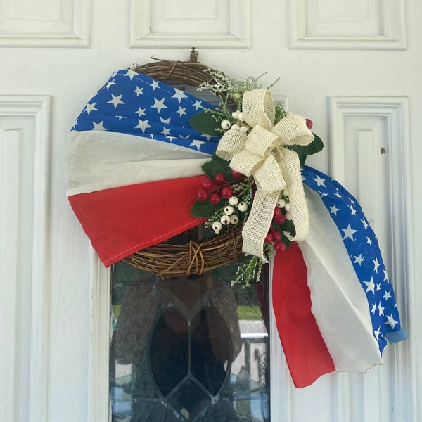 USA American Flag Scarf Wreath, Bandana Wreath, Large Ribbon Bow, Patriotic Berries & Greenery Grapevine Wreath Summer Wall Art Door Hanger