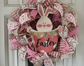 Happy Easter Mesh Ribbon Wreath, Polka Dot Bunny Rabbit Shaped-Sign, Pastel Spring Front Door Hanger, Handcrafted Seasonal Home Decoration