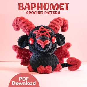 May include: A crocheted Baphomet doll in black and red, with a pentagram on its head and red eyes. The text "BAPHOMET CROCHET PATTERN" is at the top, and "PDF Download" is at the bottom.