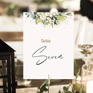 White roses Table number sign template. Printable summer wedding table decor. Victoria