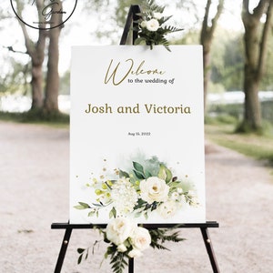 Welcome wedding sign. Large wedding sign. Summer wedding sign template with white rose bouquet. Victoria