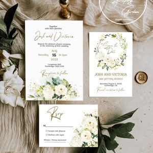 Wedding Invitation suite. Floral Invitation, Rsvp card and Save the Date. Small Wedding bundle. Victoria