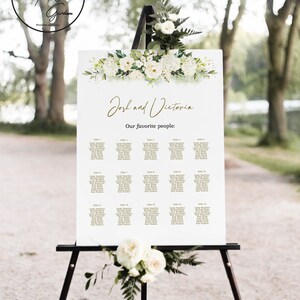 Find your seat template. Summer wedding Seating chart. Large wedding sign with white roses. Victoria
