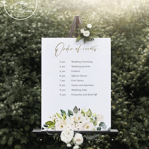 Wedding timeline list. Wedding itinerary. Order of events sign with white roses. Victoria