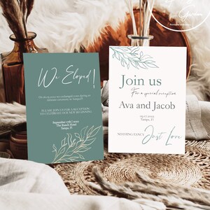 Invito al ricevimento di nozze. Siamo fuggiti a carte. Biglietto per annuncio di matrimonio. Annuncio di fuga verde salvia. Niente di speciale, solo una carta d'amore. Ava
