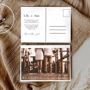 Nos fugamos con cartas. Tarjeta de anuncio de boda. Foto Invitación a la recepción de boda. Anuncio de fuga de postal. lirio