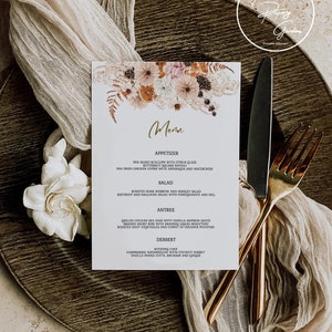 Boho wedding menu cards. Editable dinner menu templates. Melissa