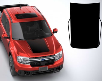 May include: A red Ford pickup truck with a black hood stripe and a black grille. The truck has a sunroof and black wheels.