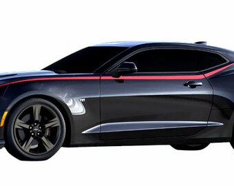 May include: A black Chevrolet Camaro with red and black racing stripes. The car has black wheels and a black interior.