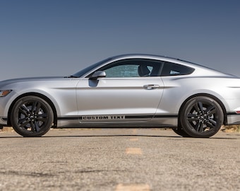 May include: A silver Ford Mustang with black side stripes and the text "CUSTOM TEXT" on the driver's side door.