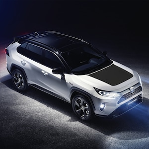 Op de afbeelding: Een witte Toyota RAV4 Hybrid met een zwart dak en een zwarte streep over de motorkap. De auto staat geparkeerd op een donker asfalt oppervlak met de koplampen aan.