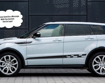 May include: A white Range Rover Evoque with black racing stripes on the side. The car is parked in front of a black wall. A thought bubble above the car says "Please send us a message with your custom text or logo!"