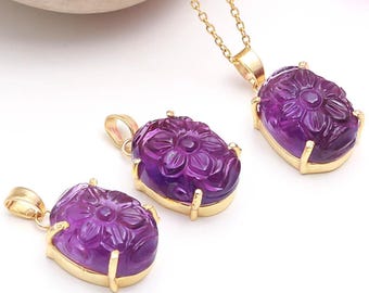 Natuurlijke paarse amethist gesneden ovale hanger, 9k massief gouden sieraden, Afrikaanse amethist mooie bloemenketting, geboortesteen februari cadeau voor haar