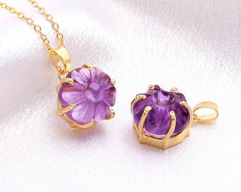 Natuurlijke amethist gesneden bloemhanger, 9k gouden bloemensieraden, paarse amethist mooie vorm snijwerk ketting, geboortesteen februari cadeau
