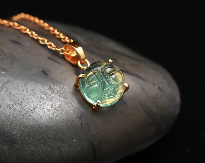 Celestial Glow Fluorite Moon Face Pendant, Moon Goddess 925 Silver Jewelry, Divine Feminine Moon Pendant, Fluorite Energy Necklace for her
