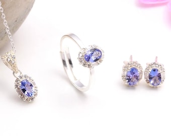 Dainty Tanzanite Oval Cut Jewelry Set, 925 Sterling Silver, Natural Tanzanite Luxury Bridesmaid Jewelry Set, December Birthstone Gift