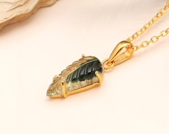 Lovely Green Tourmaline Pendant, Handmade Silver Pendant, Natural Bio Tourmaline Carved Leaf Necklace, Minimalist Tourmaline Pendant for her