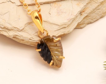 Pretty Green Tourmaline Pendant, Handmade Silver Pendant, Natural Bio Tourmaline Carved Leaf Necklace, Minimalist Tourmaline Pendant for her