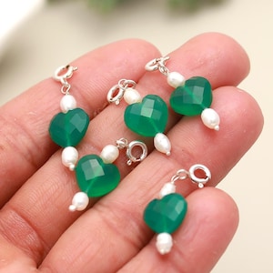 Elegant Green Onyx Heart Charms, Pearl Handmade Charms, Natural Green Onyx Heart Charms, Loose Silver Charms for Jewelry, 10 MM Heart Charms