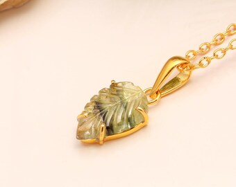 Delicate Green Tourmaline Pendant, 925 Silver Handmade Pendant, Natural Bio Tourmaline Carved Leaf Necklace, Minimalist Pendant Gift for her
