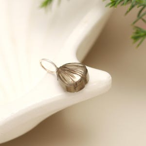 May include: A small, faceted, smoky quartz pendant with a silver-coloured loop. The pendant is resting on a white, shell-shaped dish, with a sprig of green foliage in the background. The pendant's design features vertical grooves.