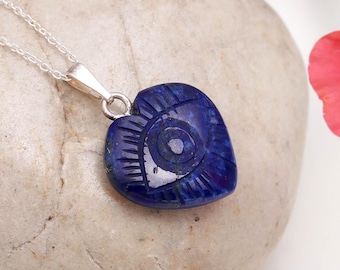 Colgante de ojo malvado tallado en lapislázuli natural, joyería hecha a mano en plata 925, tallado en forma de corazón para proteger el mal de ojo, regalo para ella.