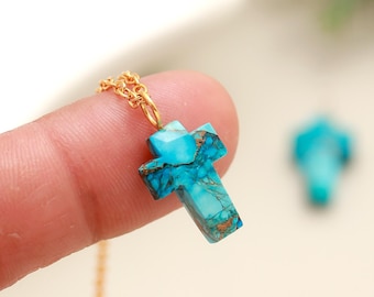 Spiritual Copper Turquoise Cross Pendant, Handmade Silver Jewelry, Natural Turquoise Holy Cross Charm Pendant, Healing Crystal Jewelry Gifts