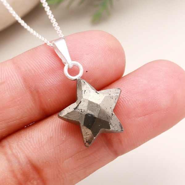 Pyrit Stern Anhänger: 925 Silber Facettierter Charm, Schutz Schmuck